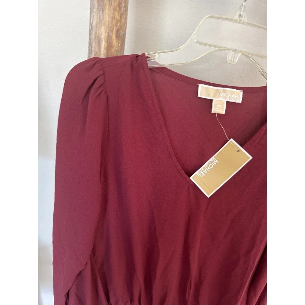 NWT‎ Michael Kors Classic V Neck Long Sleeve Cranberry Blous size XS